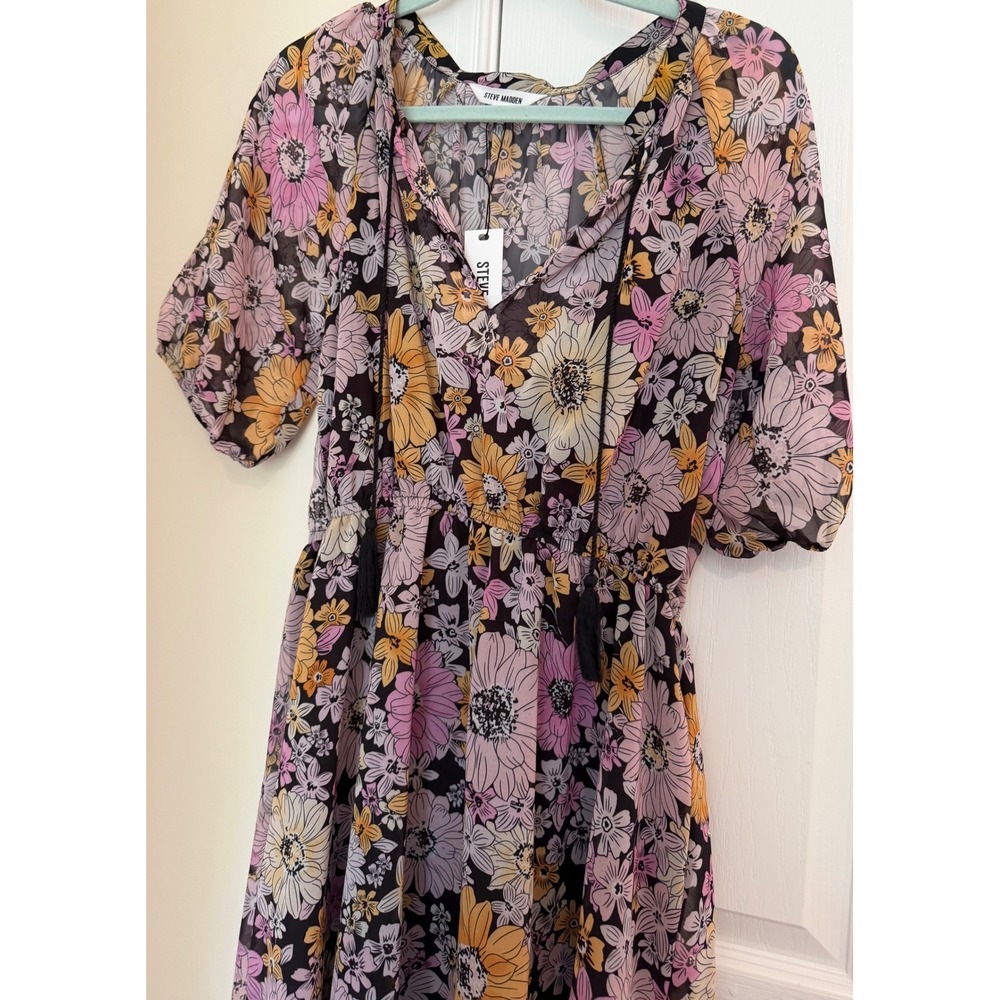 Steve Madden Women Floral Mini Dress Pink Yellow Sunflower Chiffon Size S NWT